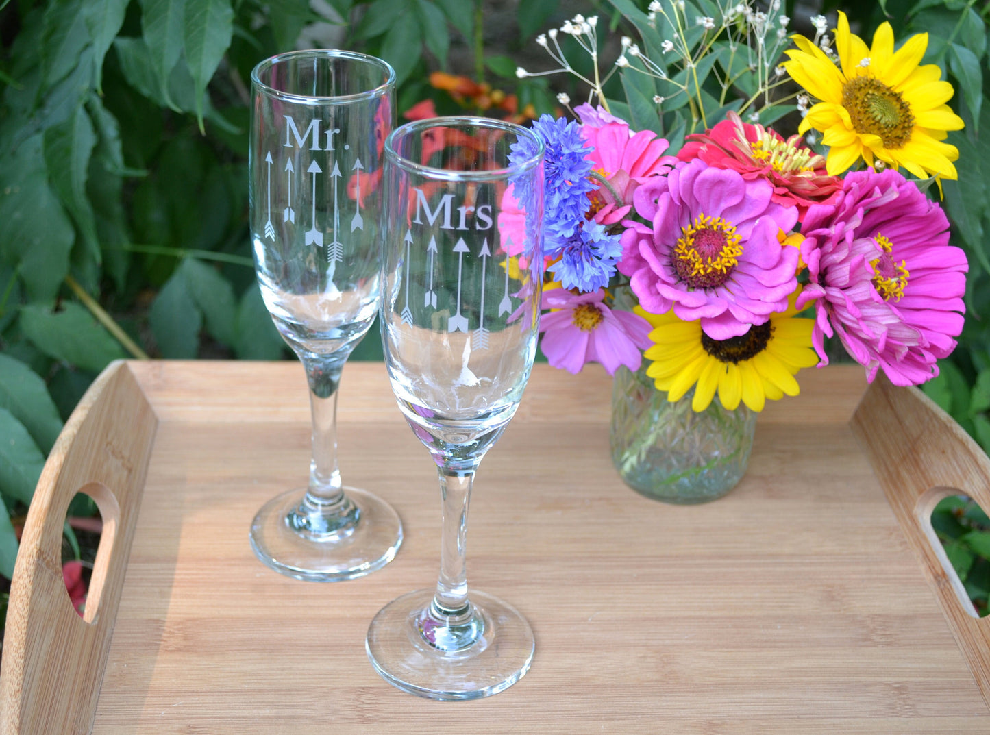 (H) Mr. and Mrs. Champagne Glasses, Arrow Champagne Glass