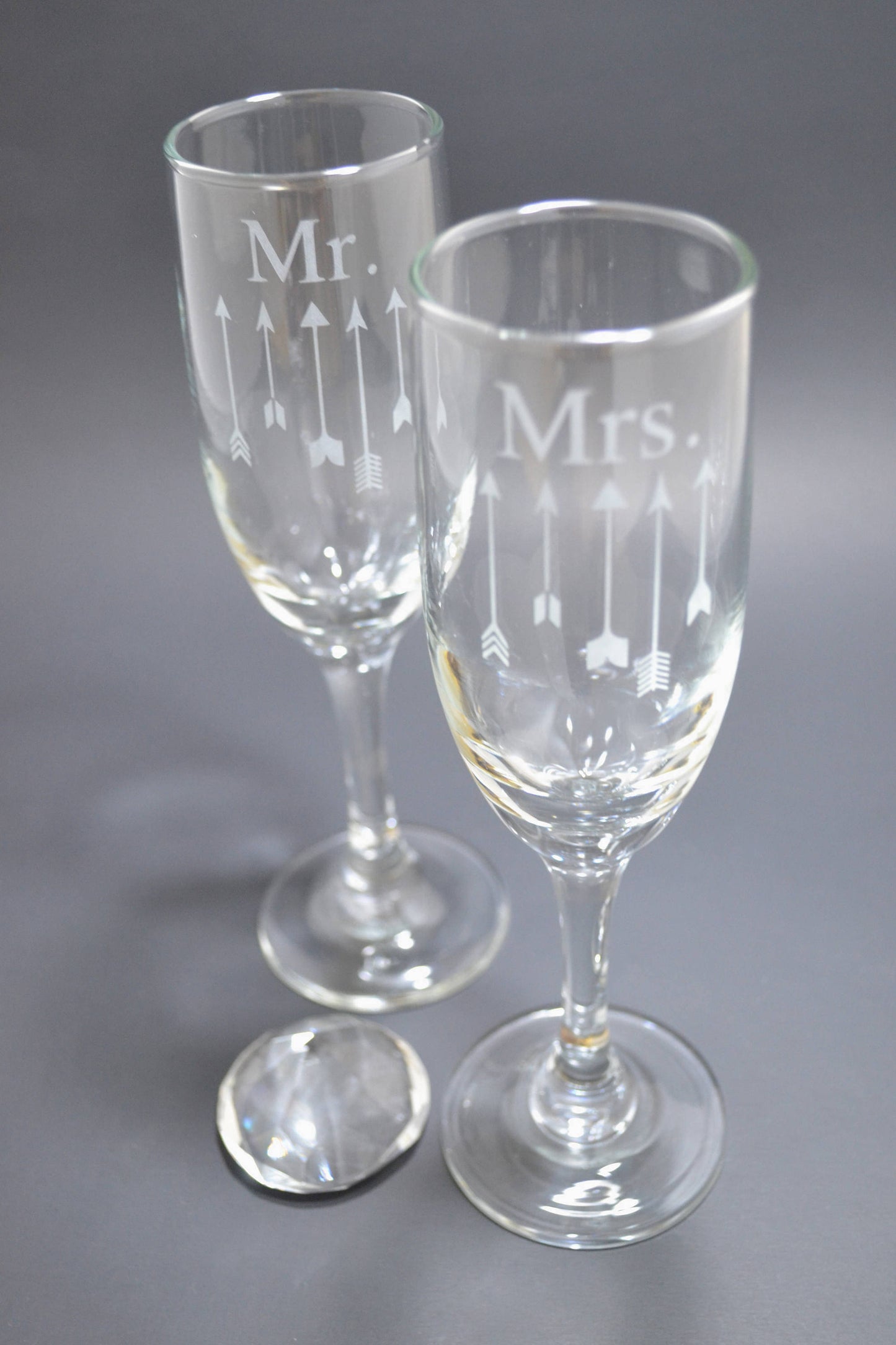 (H) Mr. and Mrs. Champagne Glasses, Arrow Champagne Glass