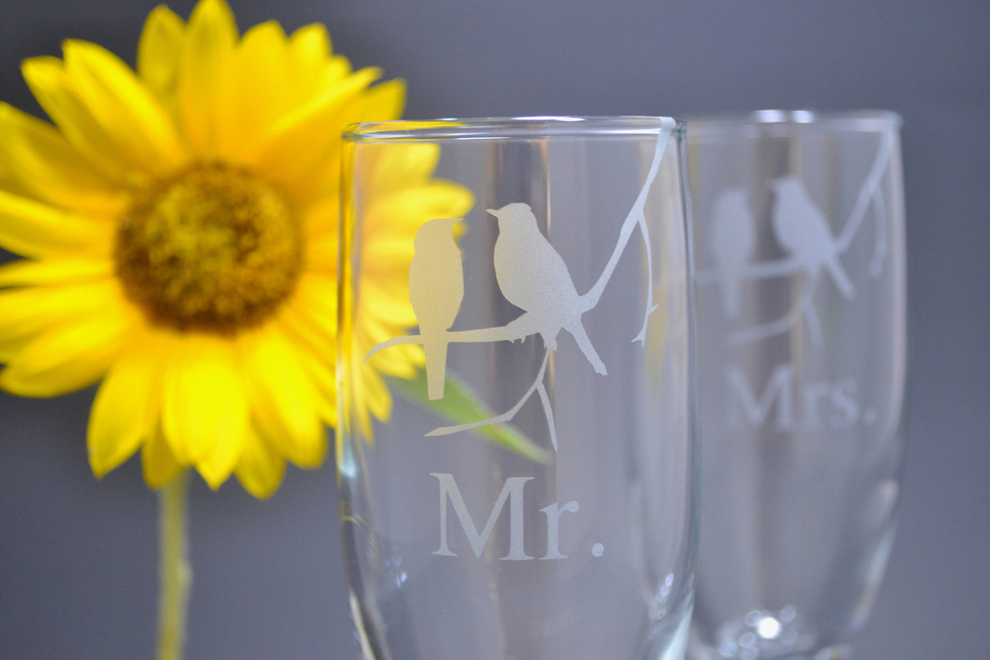 (H) Mr. and Mrs. Champagne Glasses, Bird Champagne Flutes