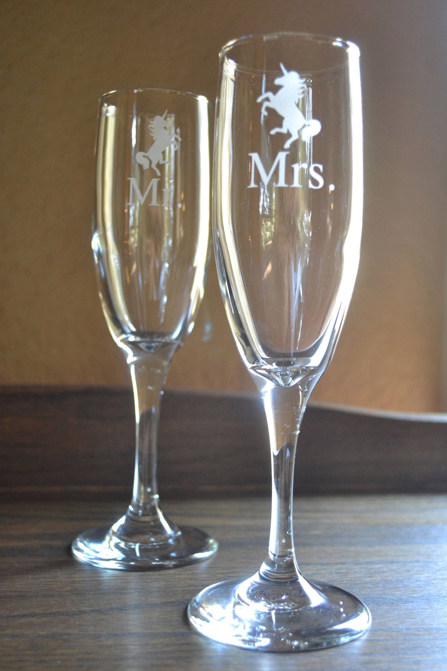 (H) Champagne Glasses, Mr. and Mrs. Champagne Flutes, Unicorns