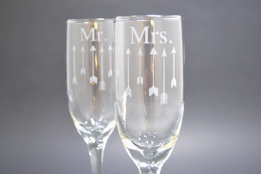 (H) Mr. and Mrs. Champagne Glasses, Arrow Champagne Glass