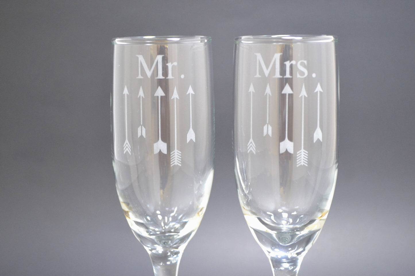 (H) Mr. and Mrs. Champagne Glasses, Arrow Champagne Glass