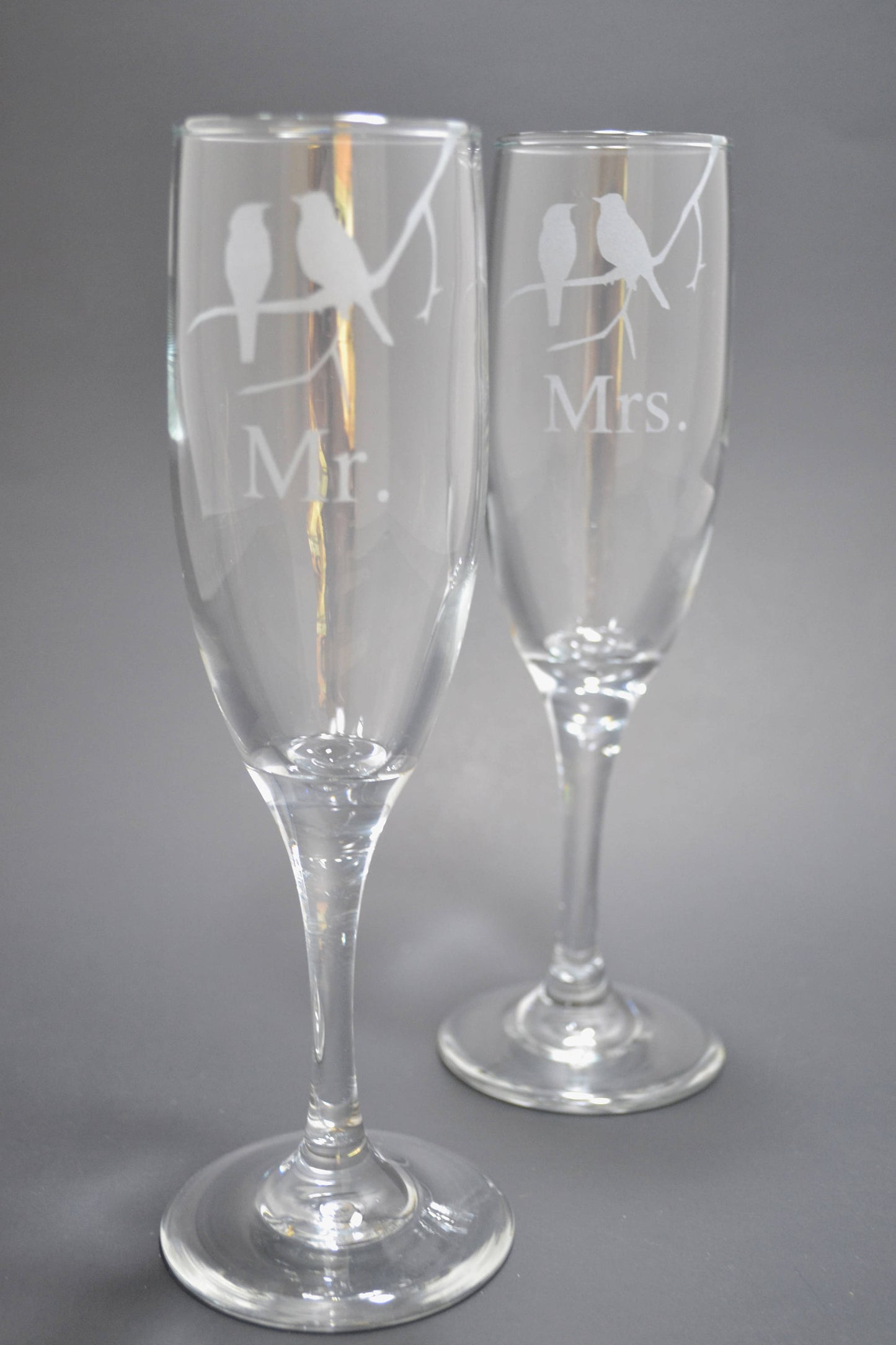 (H) Mr. and Mrs. Champagne Glasses, Bird Champagne Flutes