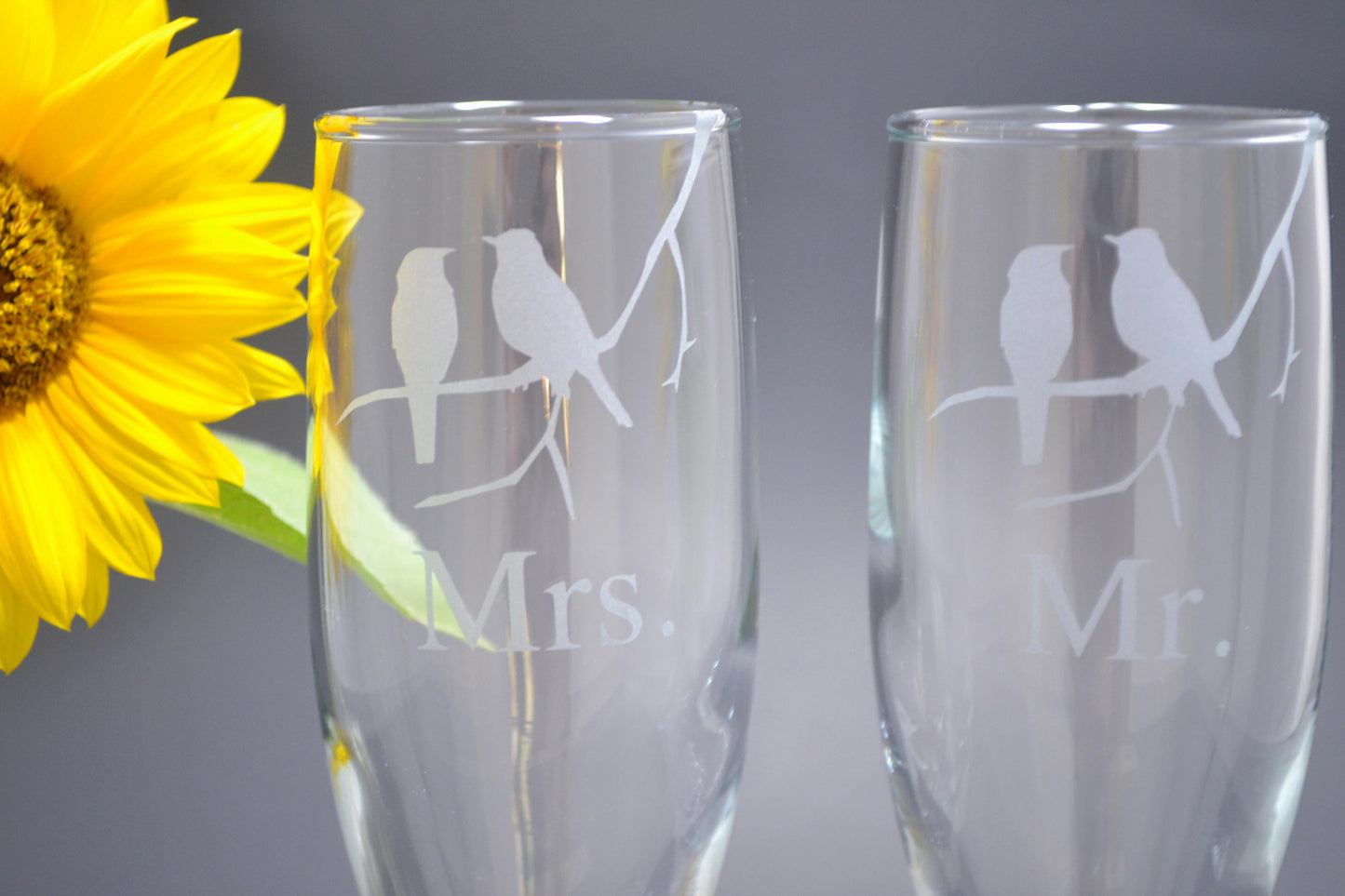 (H) Mr. and Mrs. Champagne Glasses, Bird Champagne Flutes