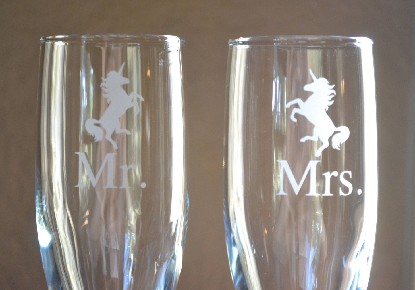 (H) Champagne Glasses, Mr. and Mrs. Champagne Flutes, Unicorns