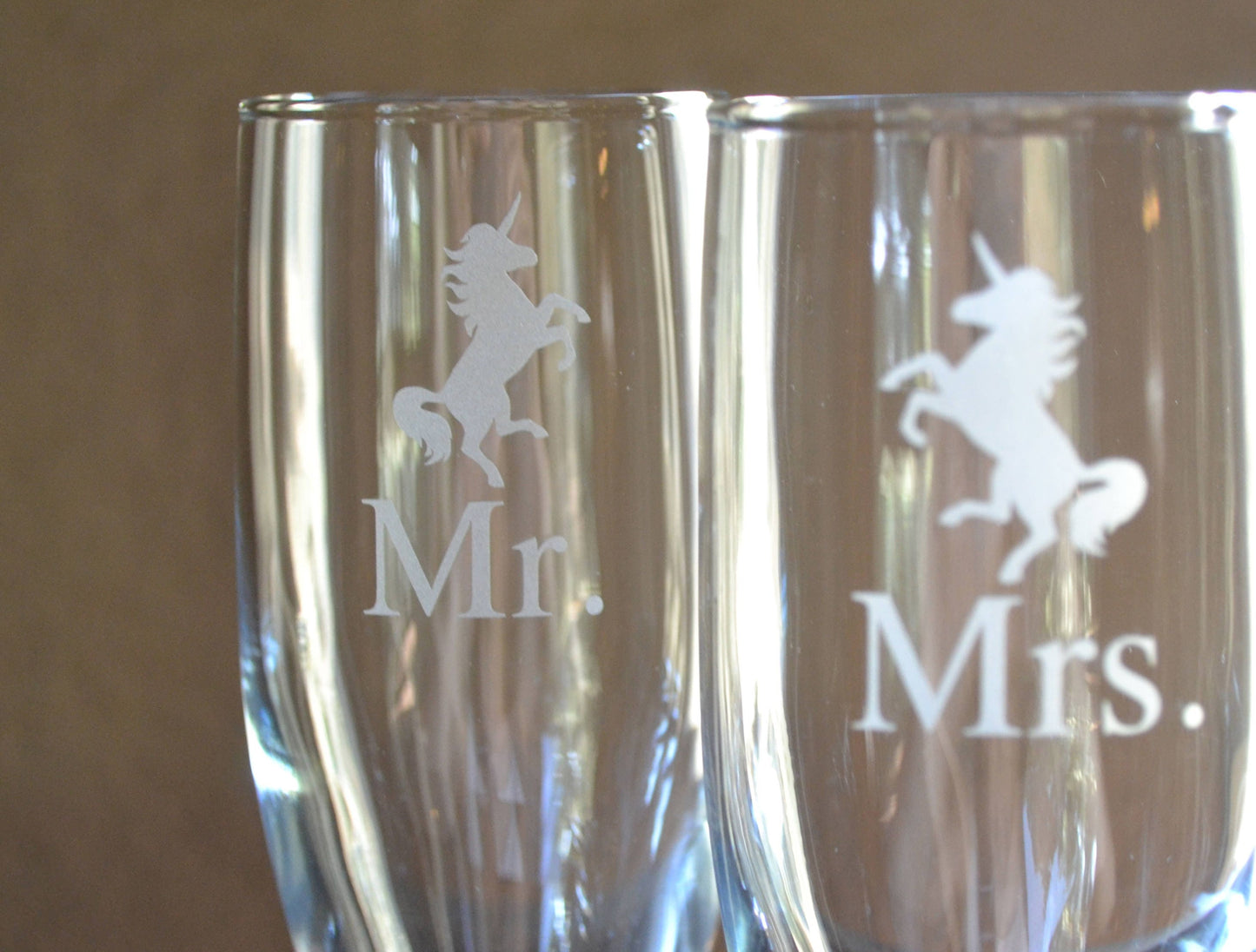 (H) Champagne Glasses, Mr. and Mrs. Champagne Flutes, Unicorns