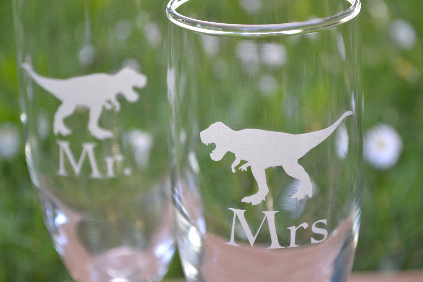 (H) Champagne Glasses, Mr. and Mrs. Champagne Glasses, T Rex Stemless