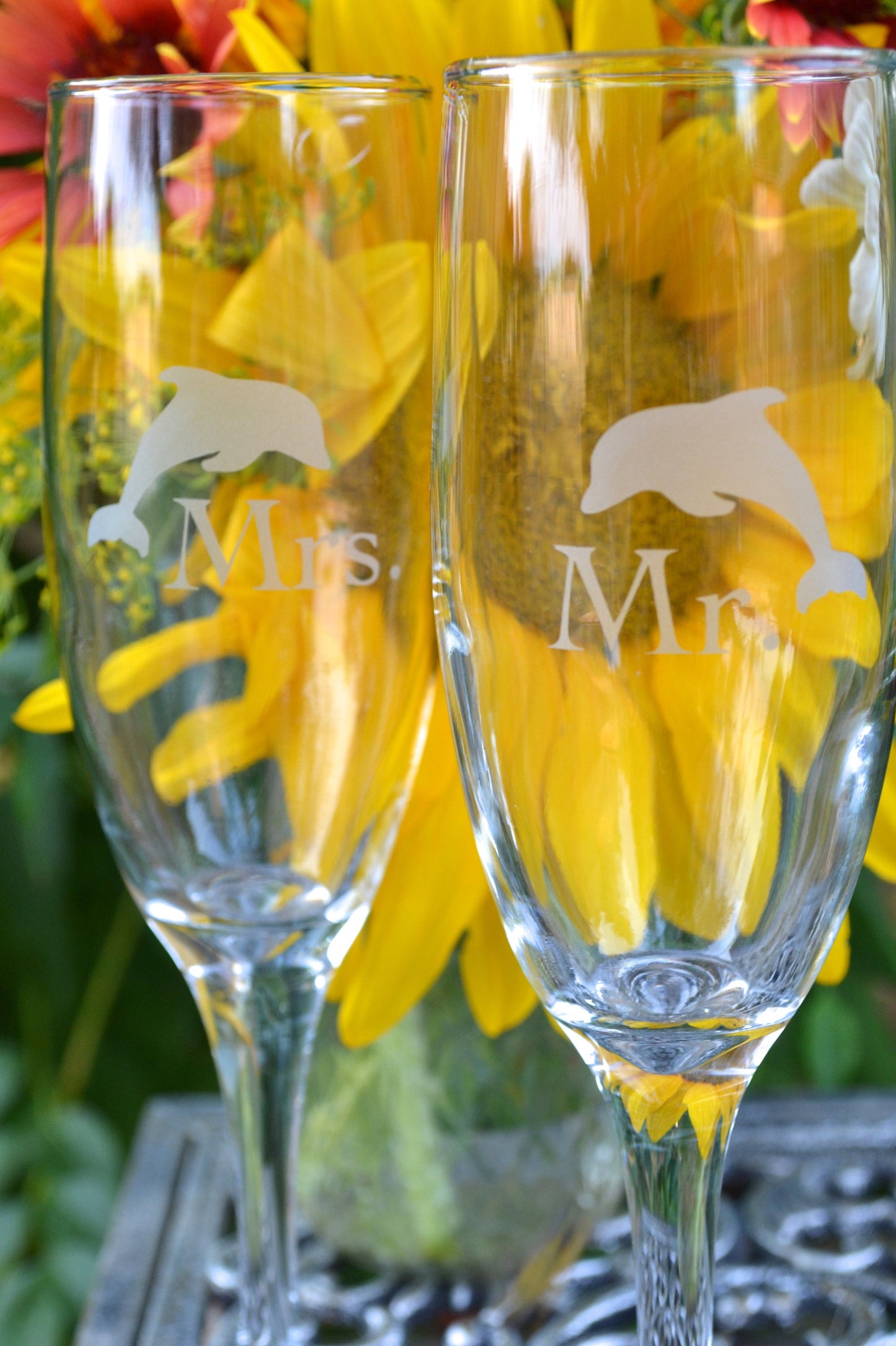 (H) Champagne Glasses, Mr. and Mrs. Champagne Glasses, Dolphins