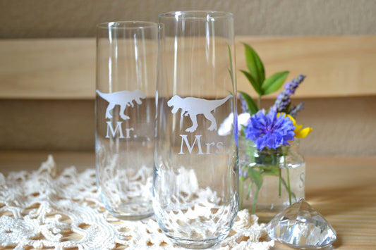 (H) Champagne Glasses, Mr. and Mrs. Champagne Glasses, T Rex Stemless