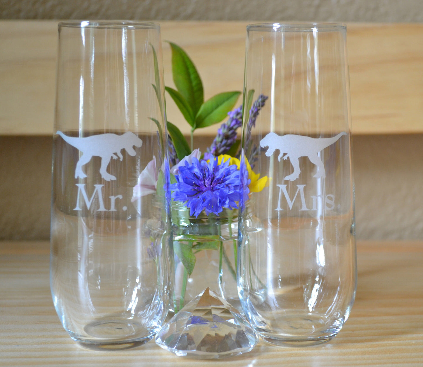 (H) Champagne Glasses, Mr. and Mrs. Champagne Glasses, T Rex Stemless