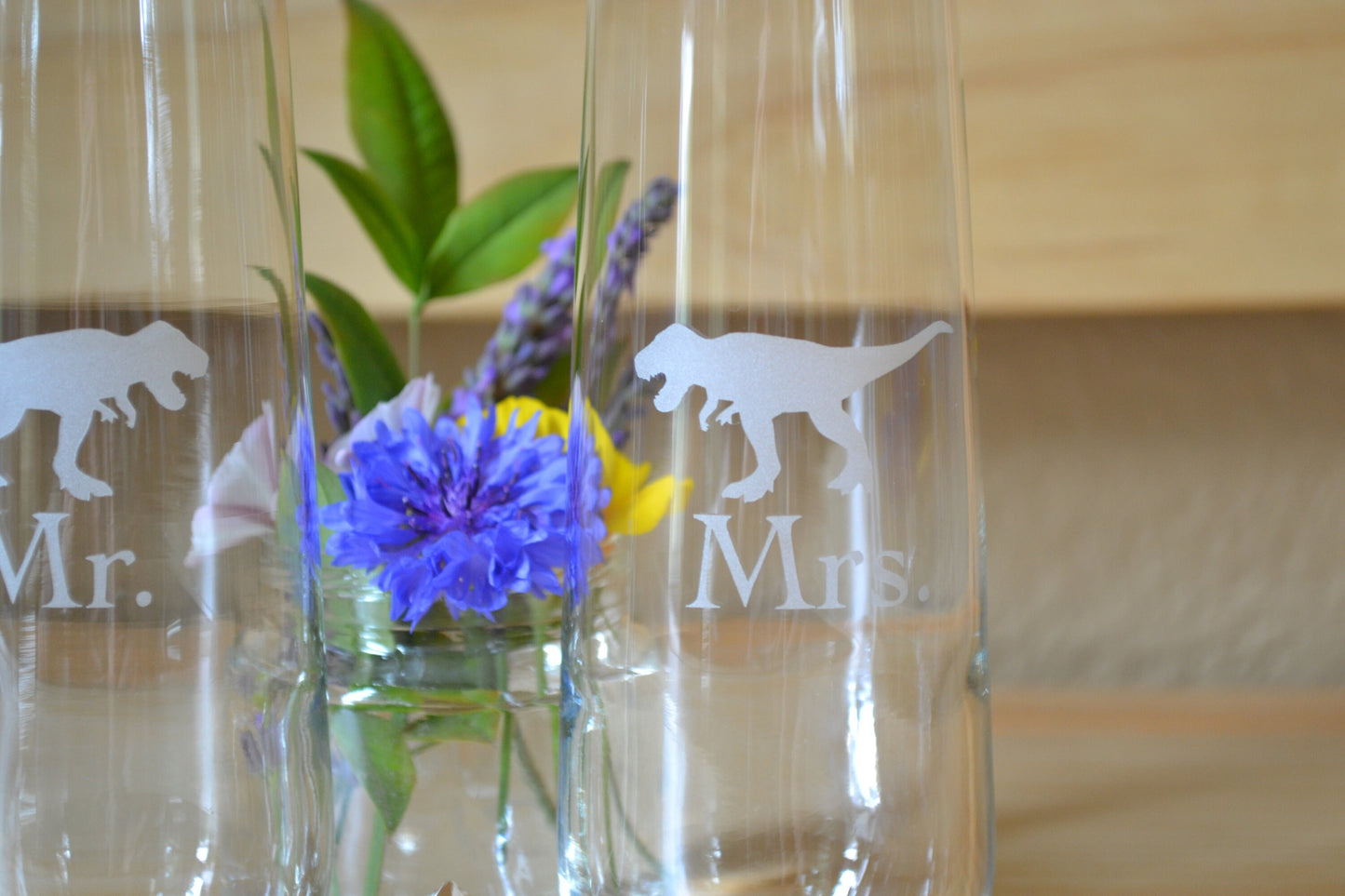 (H) Champagne Glasses, Mr. and Mrs. Champagne Glasses, T Rex Stemless