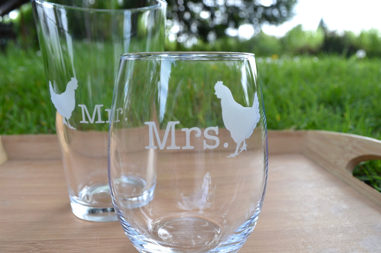 (H) Glassware, Mr. and Mrs. Glasses, Chicken Glassware Set