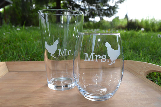 (H) Glassware, Mr. and Mrs. Glasses, Chicken Glassware Set