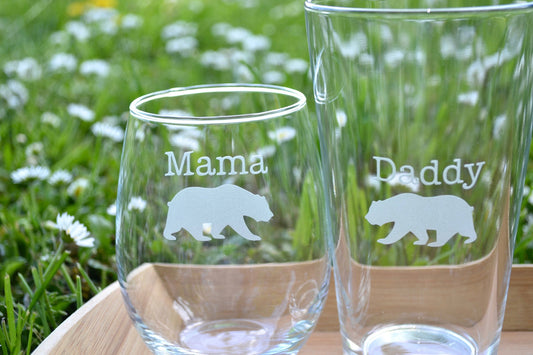 (H) Pint Glasses/Wine Glasses, Mama and Daddy Bear Glasses