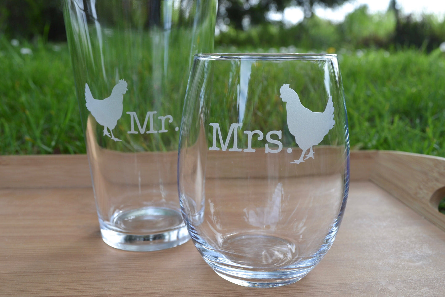 (H) Glassware, Mr. and Mrs. Glasses, Chicken Glassware Set