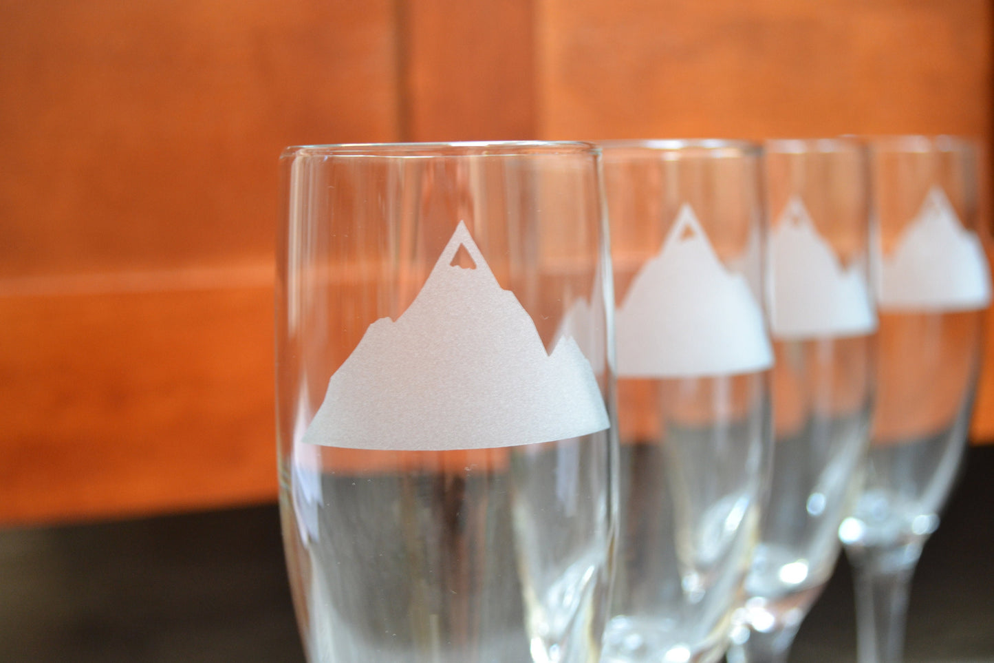 (H) Champagne Glasses, Sand Etched Champagne Glasses, Mountains