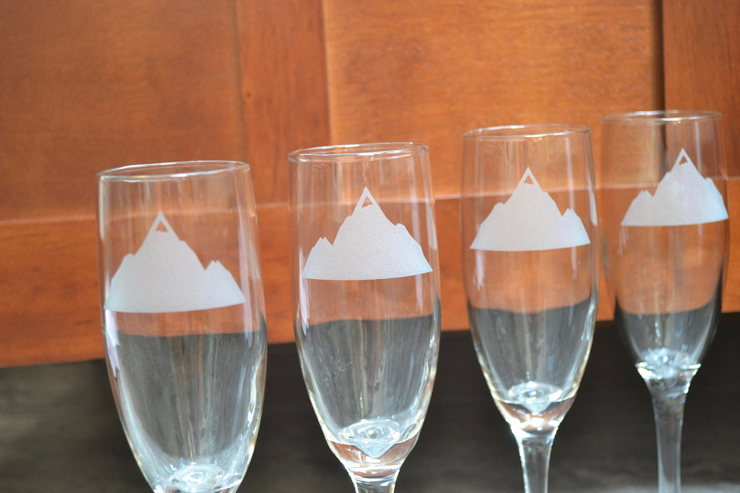 (H) Champagne Glasses, Sand Etched Champagne Glasses, Mountains