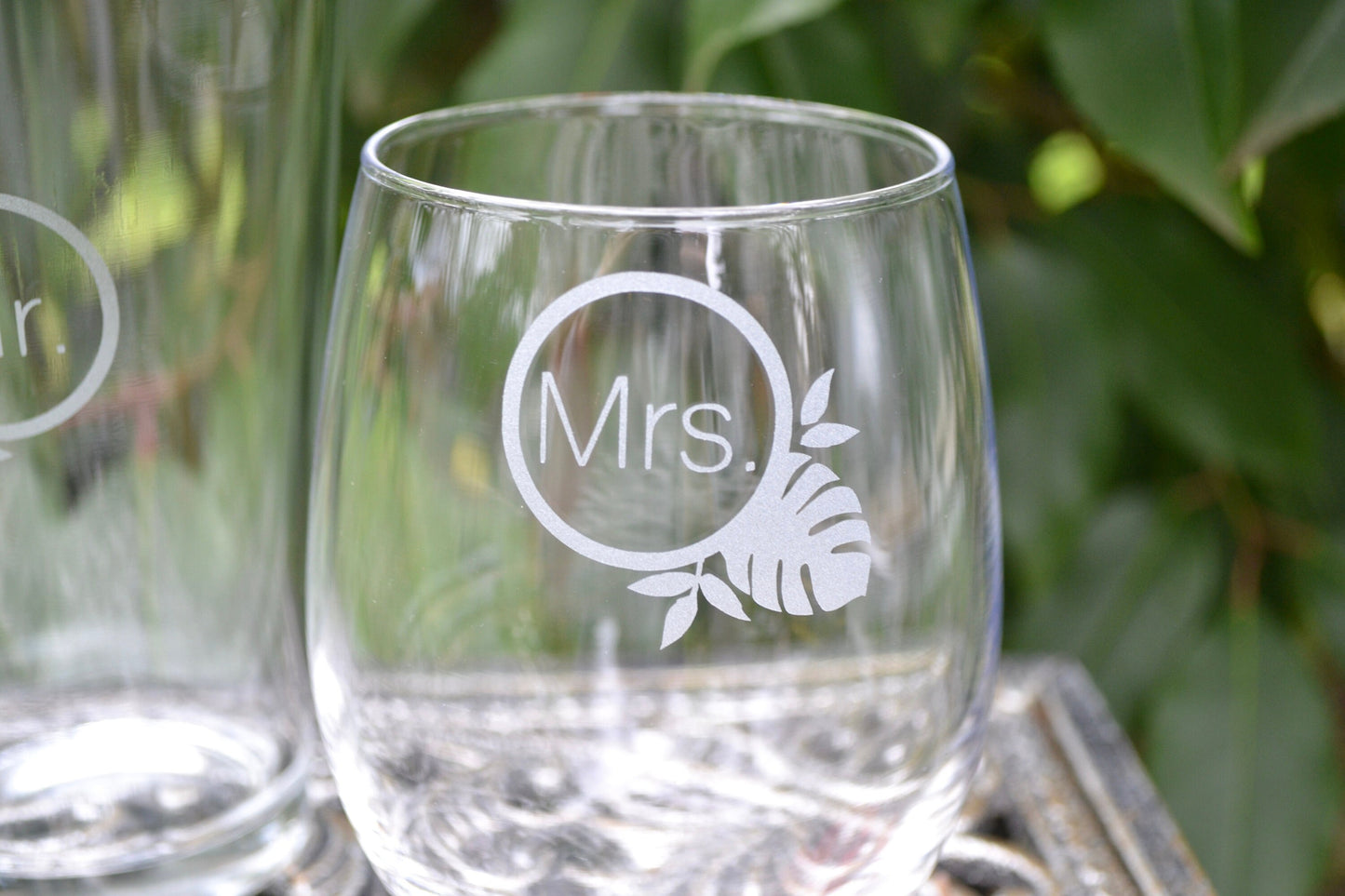 (H) Mr. and Mrs. Glasses, Leaf Glassware, Wedding Glasses