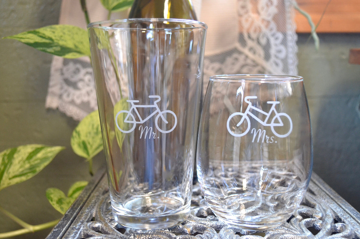 (H) Mr. and Mrs. Glasses, Glasses, Bicycle Glassware