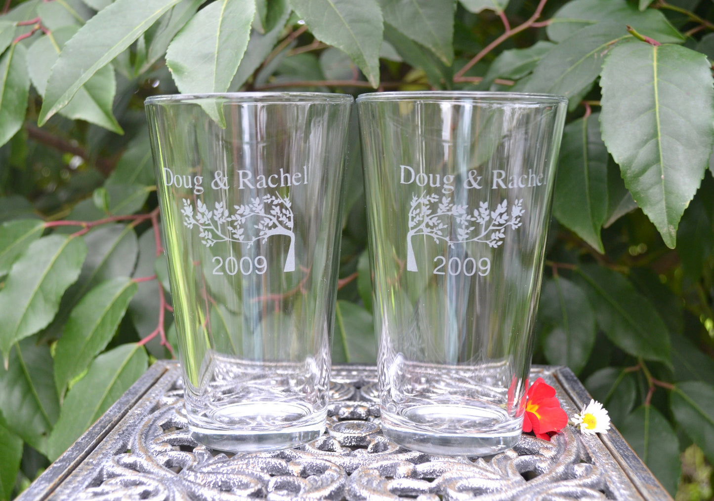 (H) Pint Glasses, Custom Wedding Glasses, Etched Drinking Glass