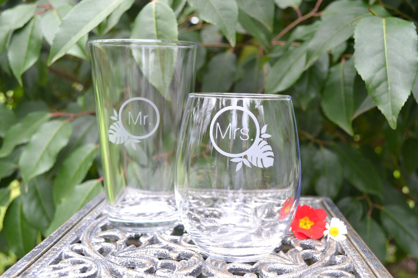 (H) Mr. and Mrs. Glasses, Leaf Glassware, Wedding Glasses