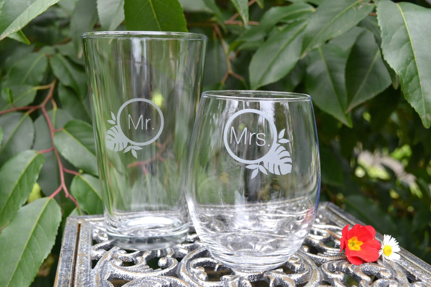 (H) Mr. and Mrs. Glasses, Leaf Glassware, Wedding Glasses