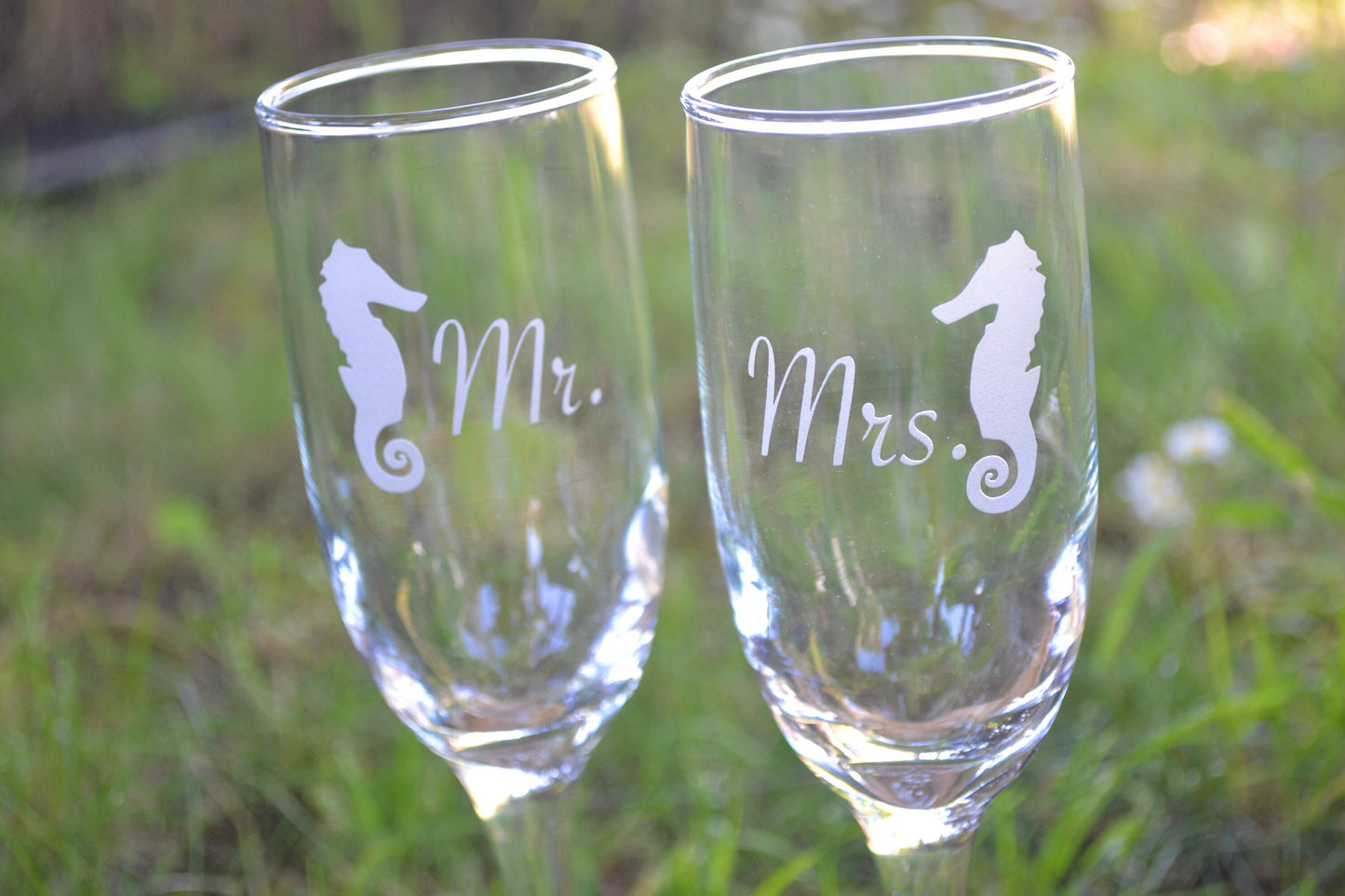 (H) Champagne Glasses, Mr. and Mrs. Champagne Glasses, Sea Horses