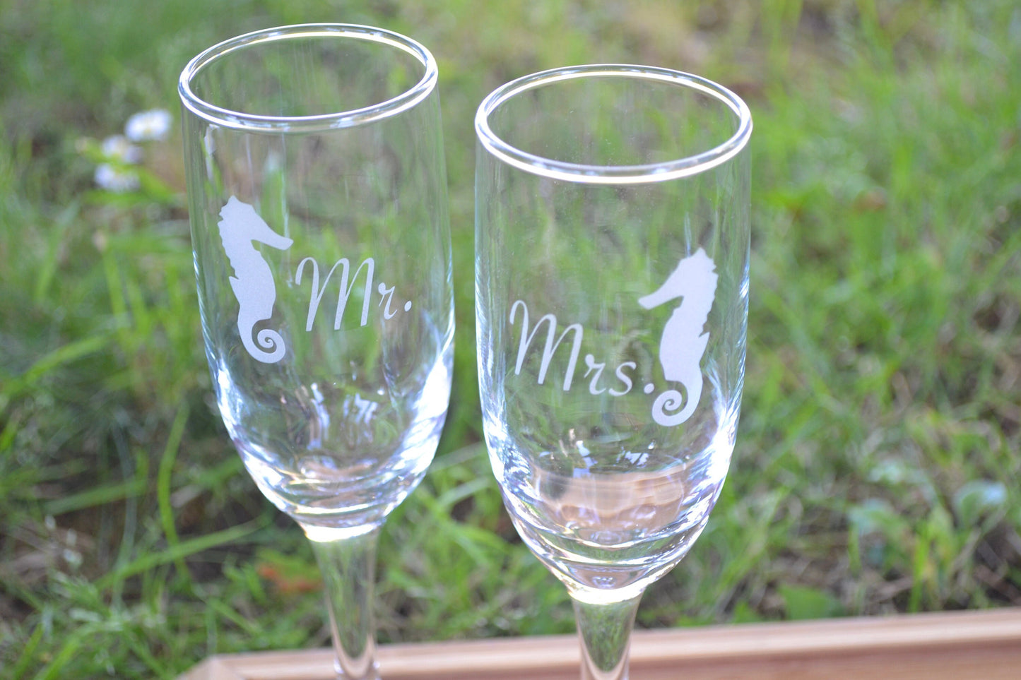 (H) Champagne Glasses, Mr. and Mrs. Champagne Glasses, Sea Horses