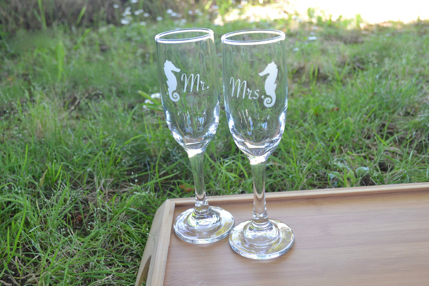 (H) Champagne Glasses, Mr. and Mrs. Champagne Glasses, Sea Horses