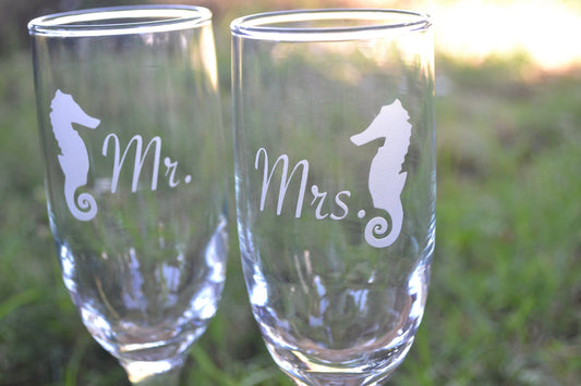 (H) Champagne Glasses, Mr. and Mrs. Champagne Glasses, Sea Horses