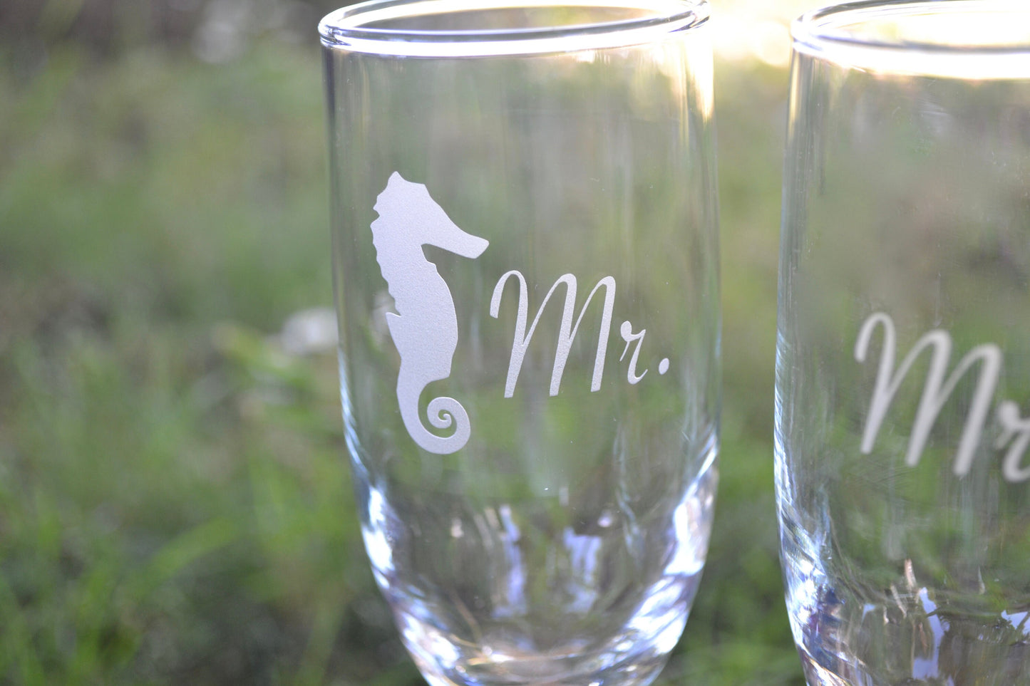 (H) Champagne Glasses, Mr. and Mrs. Champagne Glasses, Sea Horses